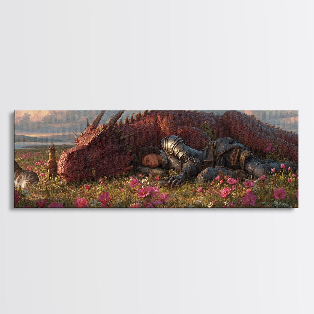Sleeping Knight With Red Dragon In Flower Meadow Wall Art, Whimsical Fantasy Canvas Print, Nursery Decor Gift For Her And Kids