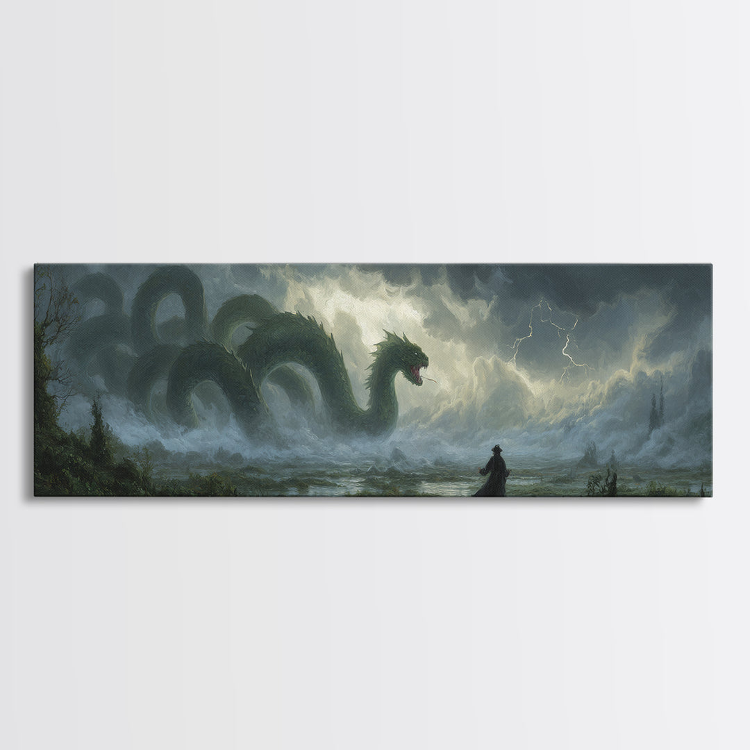 Storm Hydra Rising From Misty Swamp Wall Art, Dark Fantasy Canvas Print, Mythical Monster Home Decor, Gothic Gift For Him