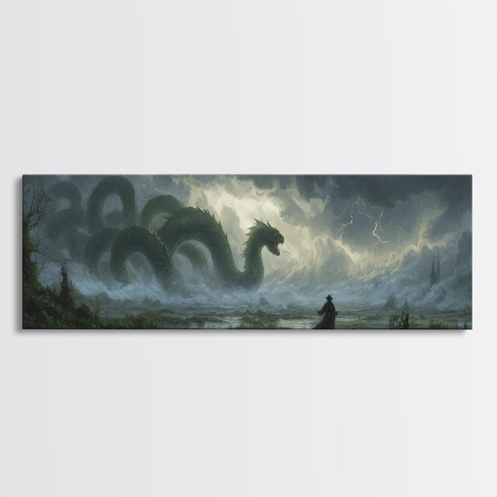 Storm Hydra Rising From Misty Swamp Wall Art, Dark Fantasy Canvas Print, Mythical Monster Home Decor, Gothic Gift For Him