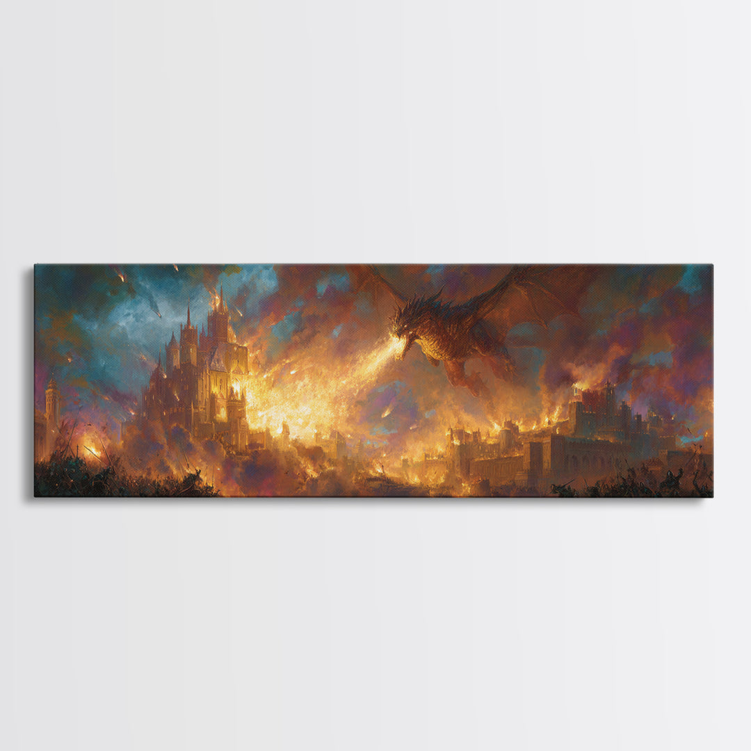 Fire Breathing Dragon Over Burning City Wall Art, Epic Fantasy Canvas Print, Medieval Castle Home Decor, Gamer Gift For Him