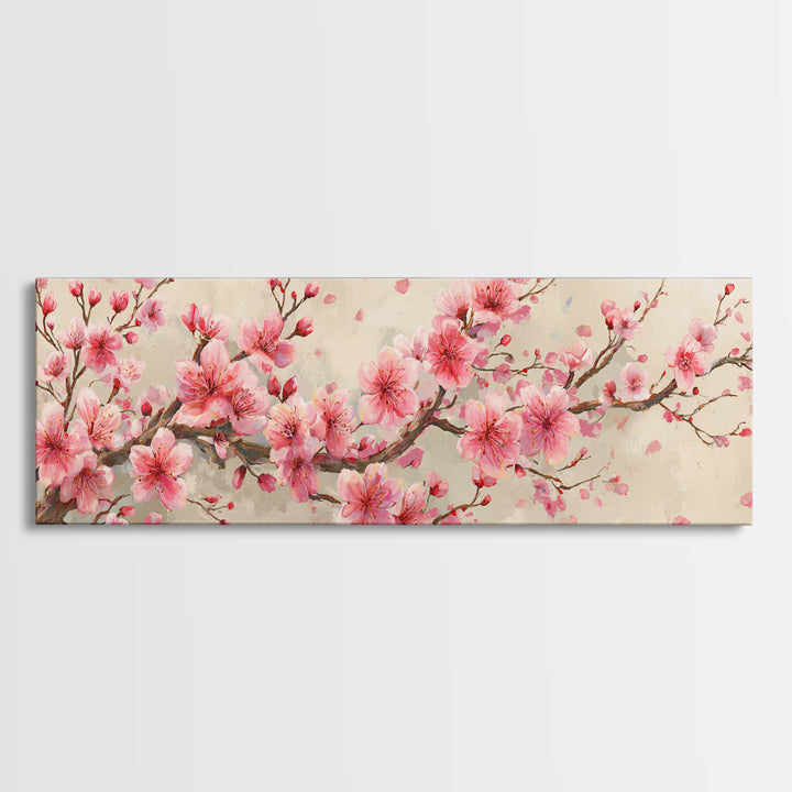 Pink Cherry Blossom Branch Canvas Print, Japanese Spring Wall Art, Botanical Floral Decor, Above Bed Panoramic Artwork Gift
