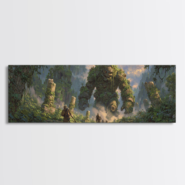 Ancient Jungle Golem Ruins With Adventurers Canvas Print, Fantasy Wall Decor, Large Landscape Art, Mythical Home Decor Gift