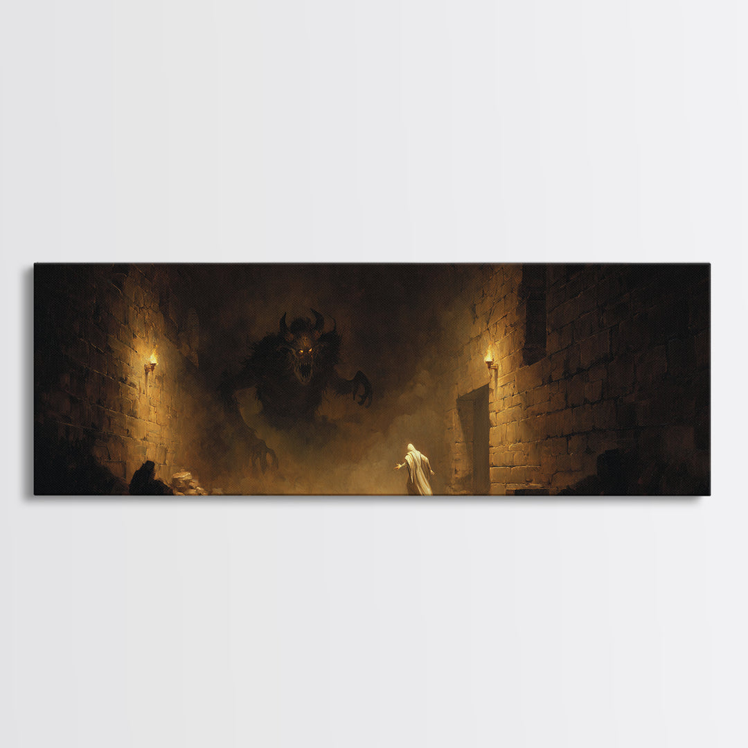 Torchlit Dungeon Minotaur Encounter Framed Canvas Print, Dark Fantasy Wall Art, Gothic Decor, Fantasy Gift For Him, Moody Wall Decor