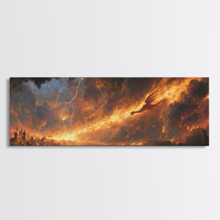 Apocalyptic Fire Dragon Over Burning City Canvas Print, Dark Fantasy Wall Art, Stormy Landscape, Dramatic Game Room Decor