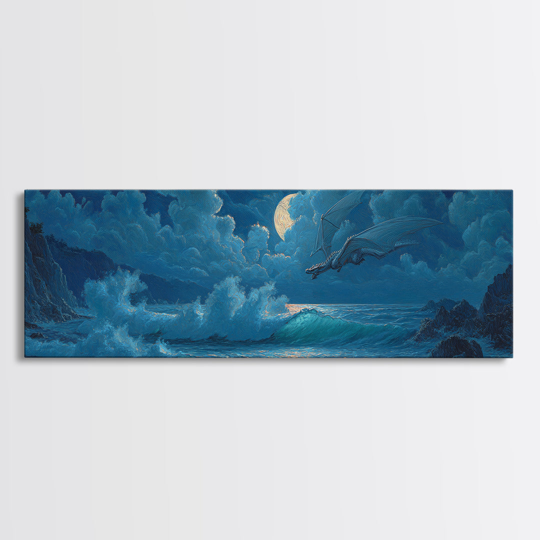 Moonlit Ocean Dragon Above Crashing Waves Canvas Print, Fantasy Wall Art, Nautical Decor, Blue Coastal Seascape Print Gift