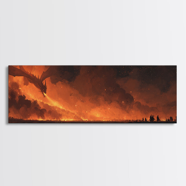 Fiery Dragon Horde Crossing Ashen Battlefield Canvas Print, Dark Fantasy Wall Art, Epic Dragon Art, Gaming Room Decor, Gift