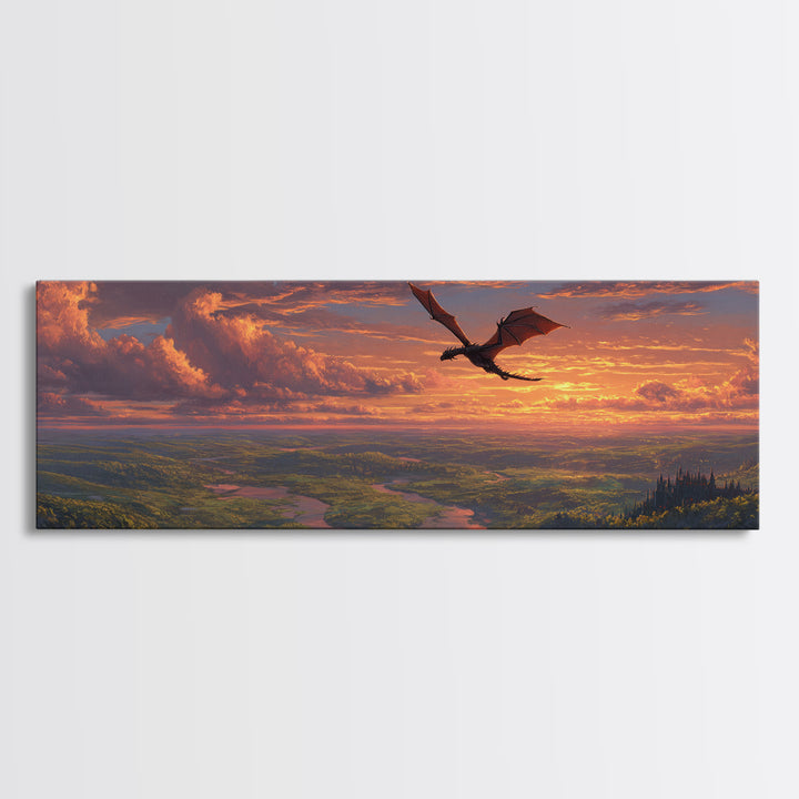 Sunset Dragon Flight Over River Valley Canvas Print, Fantasy Landscape Wall Art, Colorful Nature Art, Living Room Decor Gift