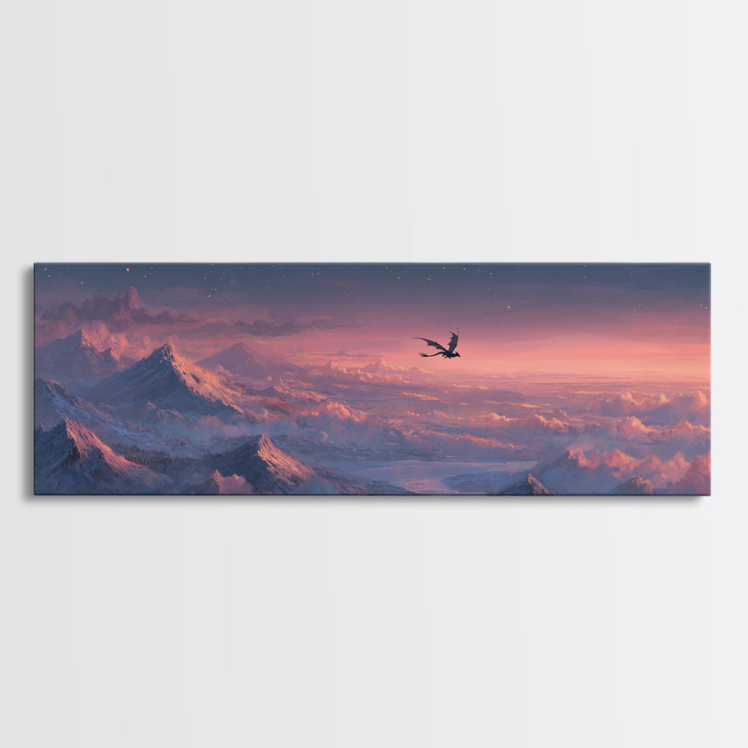 Pink Alpine Dragon Above Snowy Peaks Canvas Print, Fantasy Landscape Wall Art, Mountain Wall Art, Dreamy Bedroom Decor, Gift