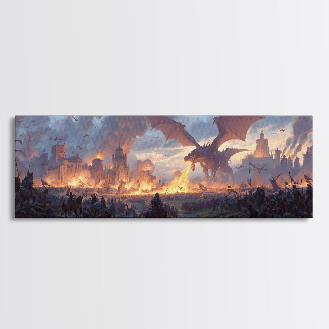 Epic Dragon Siege Over Burning Kingdom Framed Canvas Print, Fantasy Wall Art, Medieval Battle Decor, Game Room Art, Large Wall Decor