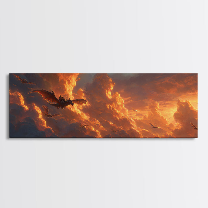 Golden Storm Clouds With Soaring Dragons Canvas Print, Fantasy Wall Art, Sunset Sky Decor, Epic Landscape Art Print, Living Room Decor
