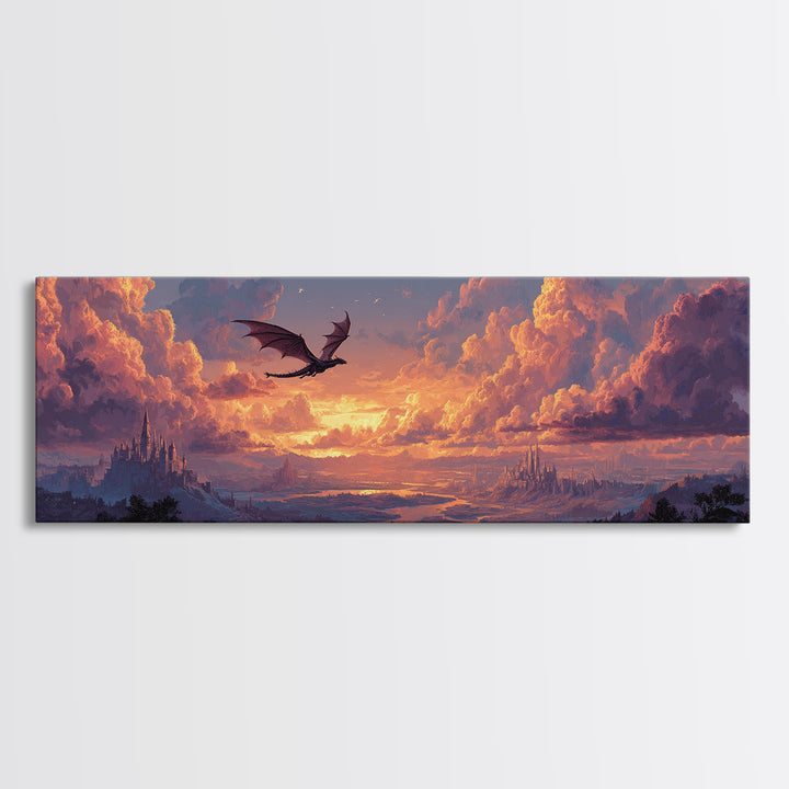 Pastel Dragon Over Cloud Castles At Sunset Canvas Print, Fantasy Landscape Wall Art, Whimsical Decor, Dreamy Nursery Art
