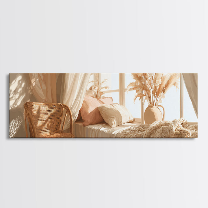 Sunlit Boho Bedroom With Pampas Grass Wall Art, Warm Neutral Above Bed Decor, Cozy Home Decor, Large Horizontal Canvas Print