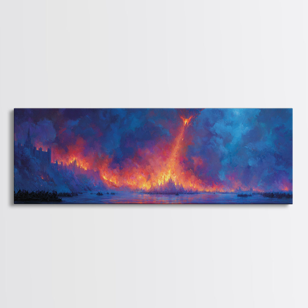 Fire Dragon Over Burning Forest Wall Art, Fantasy Landscape Canvas Print, Dark Moody Wall Decor, Panoramic Art Gift For Him