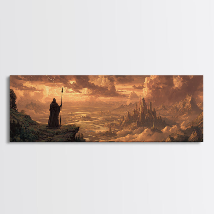 Wizard Over Golden Cloud City Framed Canvas Print, Fantasy Landscape Wall Art, Medieval Home Decor, Epic Castle Gift For Him