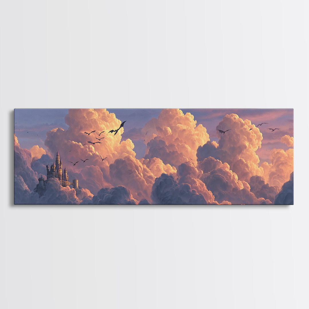 Pastel Castle In Pink Clouds Canvas Print, Dreamy Fantasy Wall Art, Nursery Decor, Whimsical Cloudscape Art, Gift For Her