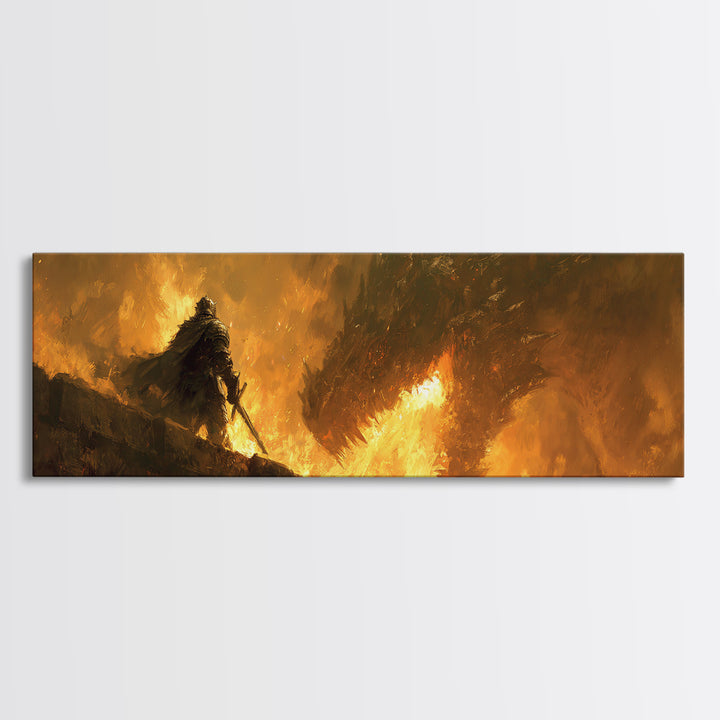 Lone Warrior Facing Fire Dragon Wall Art, Dark Fantasy Canvas Print, Epic Battle Decor, Medieval Gift For Him, Large Art