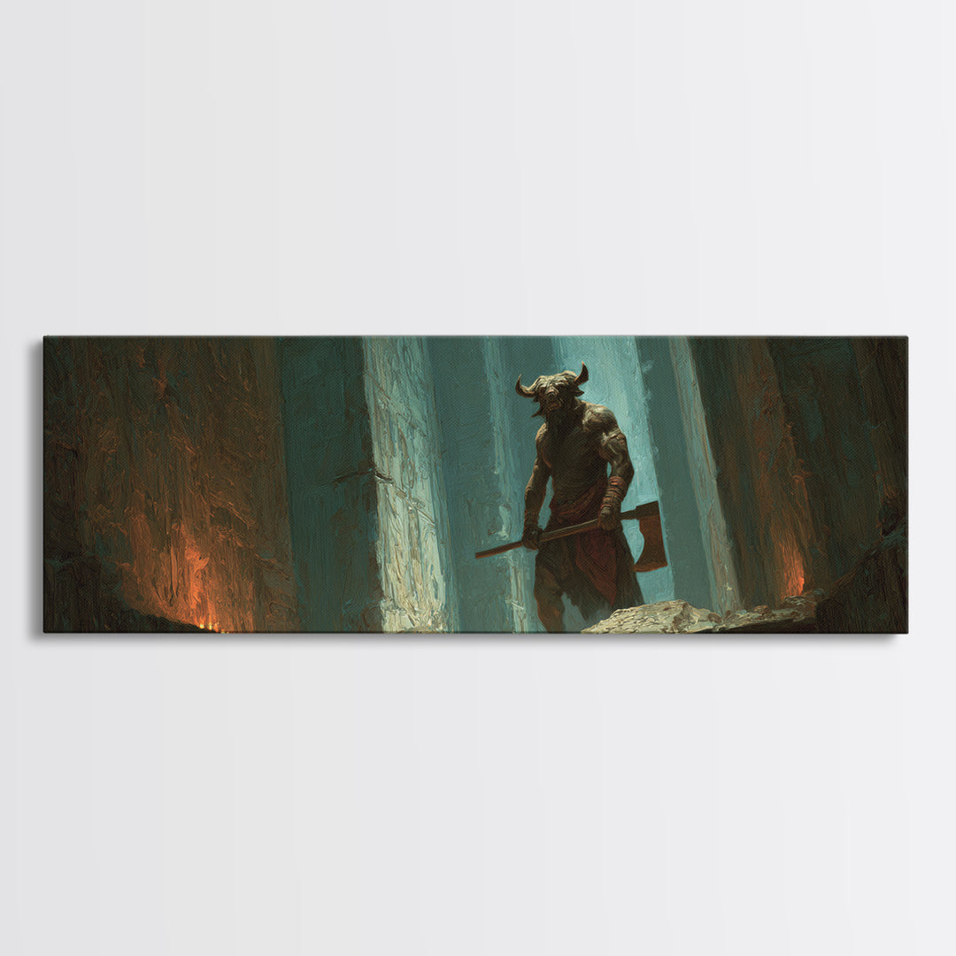 Minotaur Warrior In Ancient Forest Framed Canvas Print, Dark Fantasy Wall Art, Gothic Decor, Mythological Art Gift For Him