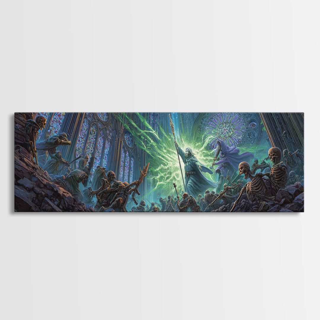 Necromancer Battle In Gothic Cathedral Wall Art, Dark Fantasy Canvas Print, Skeleton Decor, Surreal Magic Art Gift For Him