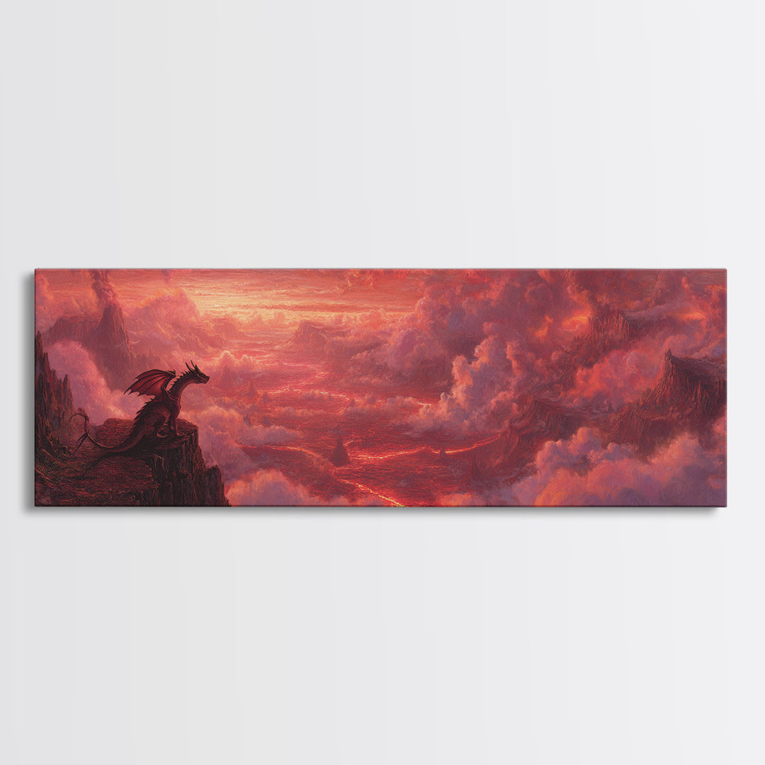 Red Dragon On Volcanic Cliff Wall Art, Dark Fantasy Landscape Canvas Print, Gothic Decor, Moody Panoramic Art Gift For Him