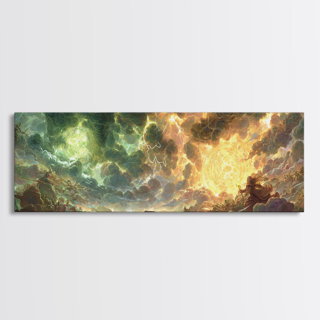 Celestial Storm Kingdom With Golden Light Framed Canvas Print, Fantasy Wall Art, Surreal Landscape Decor, Epic Gift For Him