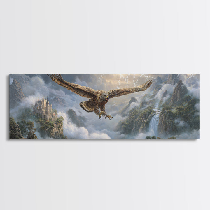 Soaring Eagle Over Misty Castle Mountains Framed Canvas Print, Fantasy Landscape Wall Art, Stormy Medieval Home Decor Gift