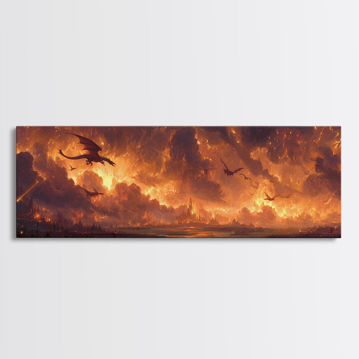 Fiery Dragons Over Apocalyptic Kingdom Framed Canvas Print, Dark Fantasy Wall Art, Epic Dragon Battle Home Decor For Game Room