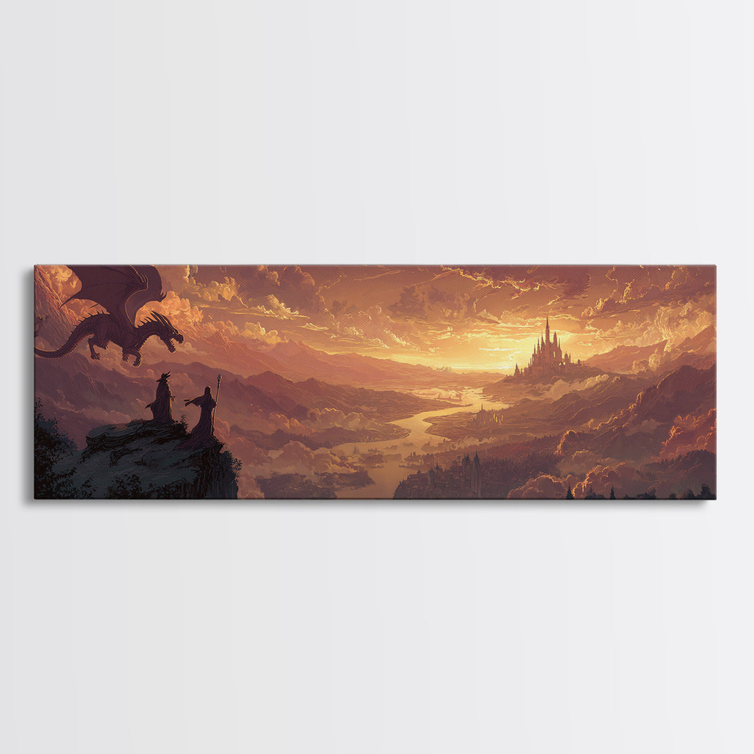 Sunset Dragon Watchers Above Golden Valley Canvas Print, Fantasy Landscape Wall Art, Medieval Castle Home Decor Gift For Him