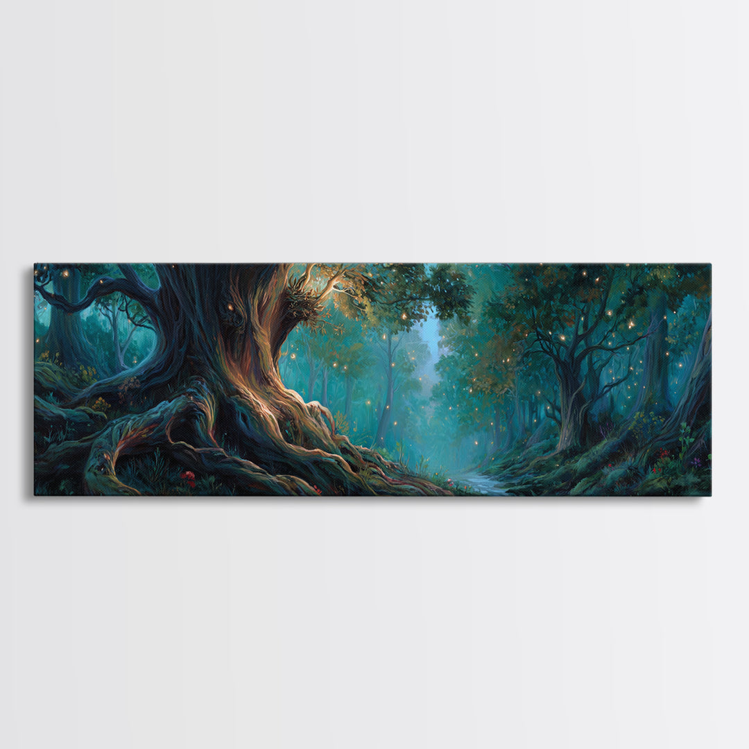 Ancient Glowing Tree In Enchanted Forest Framed Canvas Print, Fantasy Woodland Wall Art, Moody Nature Home Decor Gift For Her