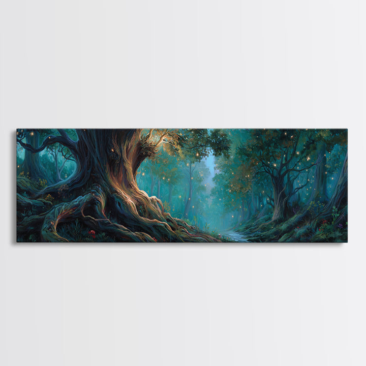 Ancient Glowing Tree In Enchanted Forest Framed Canvas Print, Fantasy Woodland Wall Art, Moody Nature Home Decor Gift For Her
