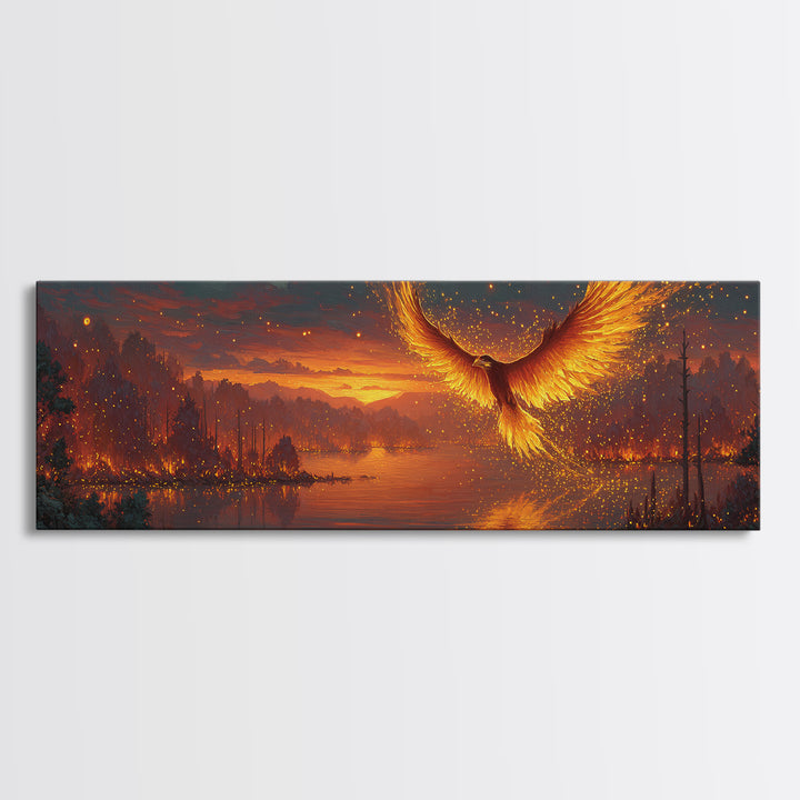Fiery Phoenix Rising Over Burning Lake Framed Canvas Print, Fantasy Bird Wall Art, Large Vibrant Nature Home Decor Gift For Her