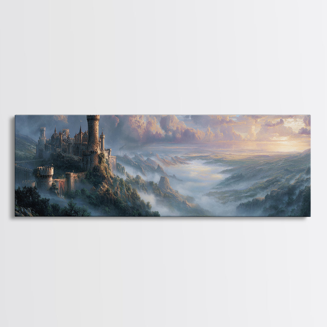 Misty Mountain Castle Above Clouded Valley Framed Canvas Print, Medieval Fantasy Wall Art, Large Landscape Home Decor Gift