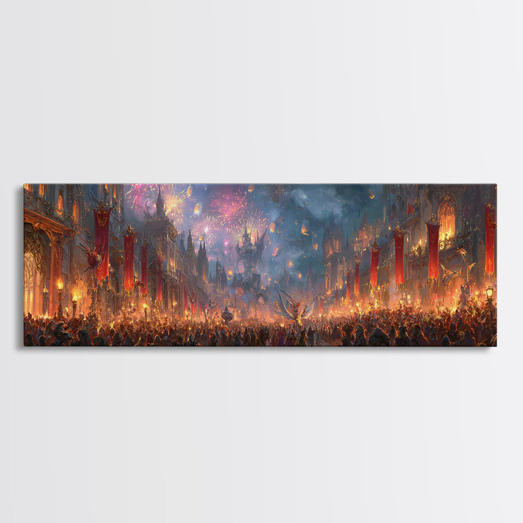Firework Festival In Magical Medieval City Canvas Print, Fantasy City Wall Art, Maximalist Living Room Home Decor Gift Idea