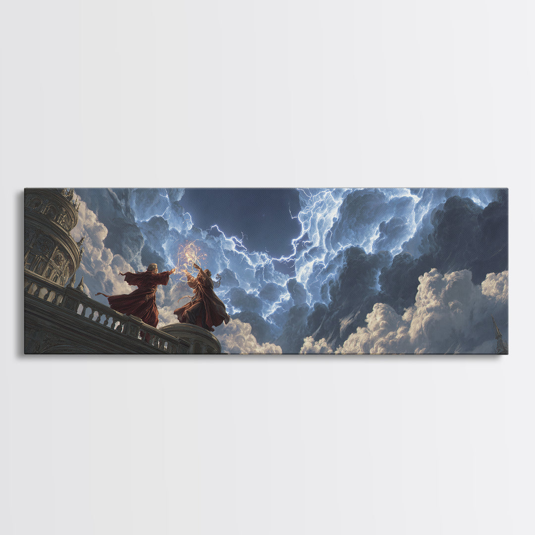 Wizards Casting Lightning Above Storm Clouds Framed Canvas Print, Dark Fantasy Wall Art, Dramatic Gothic Home Decor Gift