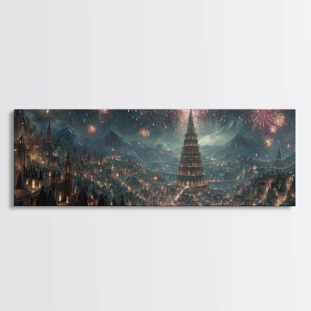 Grand Fantasy City With Fireworks And Tower Framed Canvas Print, Magical Castle Wall Art, Night Skyline Home Decor Gift For Her