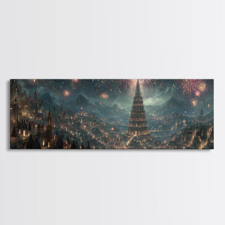Grand Fantasy City With Fireworks And Tower Framed Canvas Print, Magical Castle Wall Art, Night Skyline Home Decor Gift For Her