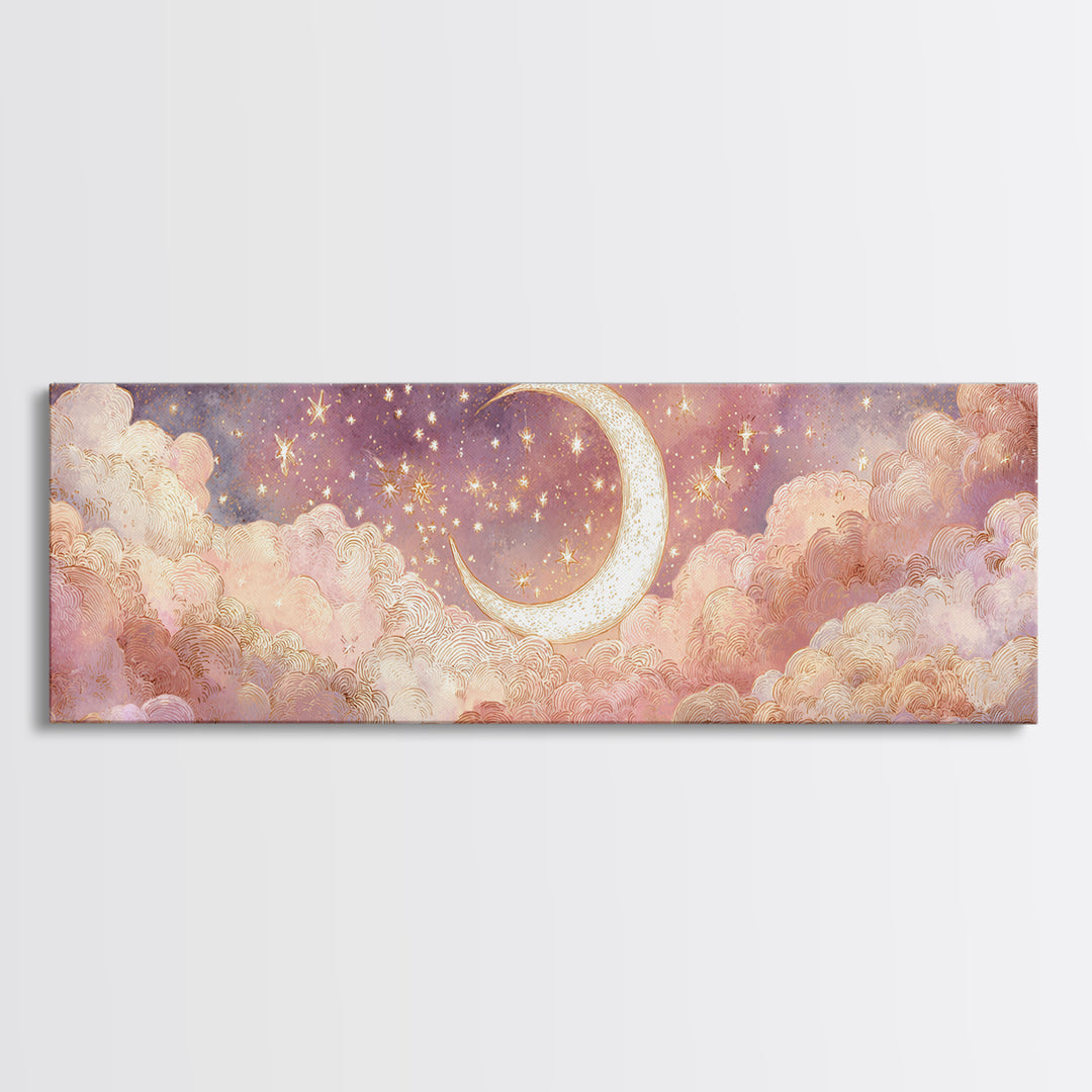 Glowing Crescent Moon In Pink Clouds Wall Art, Dreamy Celestial Nursery Decor, Whimsical Bedroom Decor, Framed Canvas Print