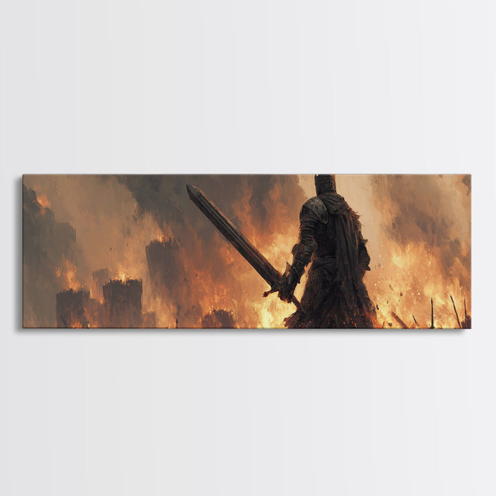 Epic Knight Dark Fantasy Sword Warrior Fire Castle Scene Canvas Print Wall Art For Medieval And Fantasy Home Decor
