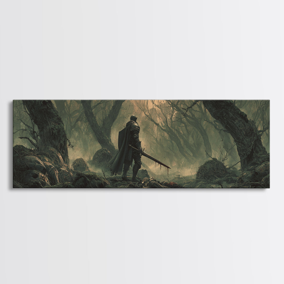 Dramatic Moody Forest Warrior Knight Painting Dark Art Framed Canvas Print Medieval Wall Art Home Decor