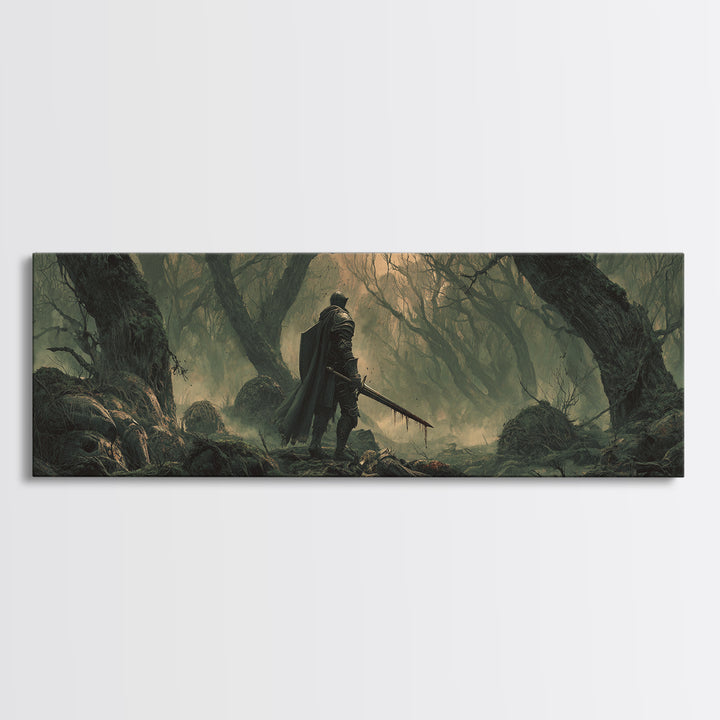 Dramatic Moody Forest Warrior Knight Painting Dark Art Framed Canvas Print Medieval Wall Art Home Decor
