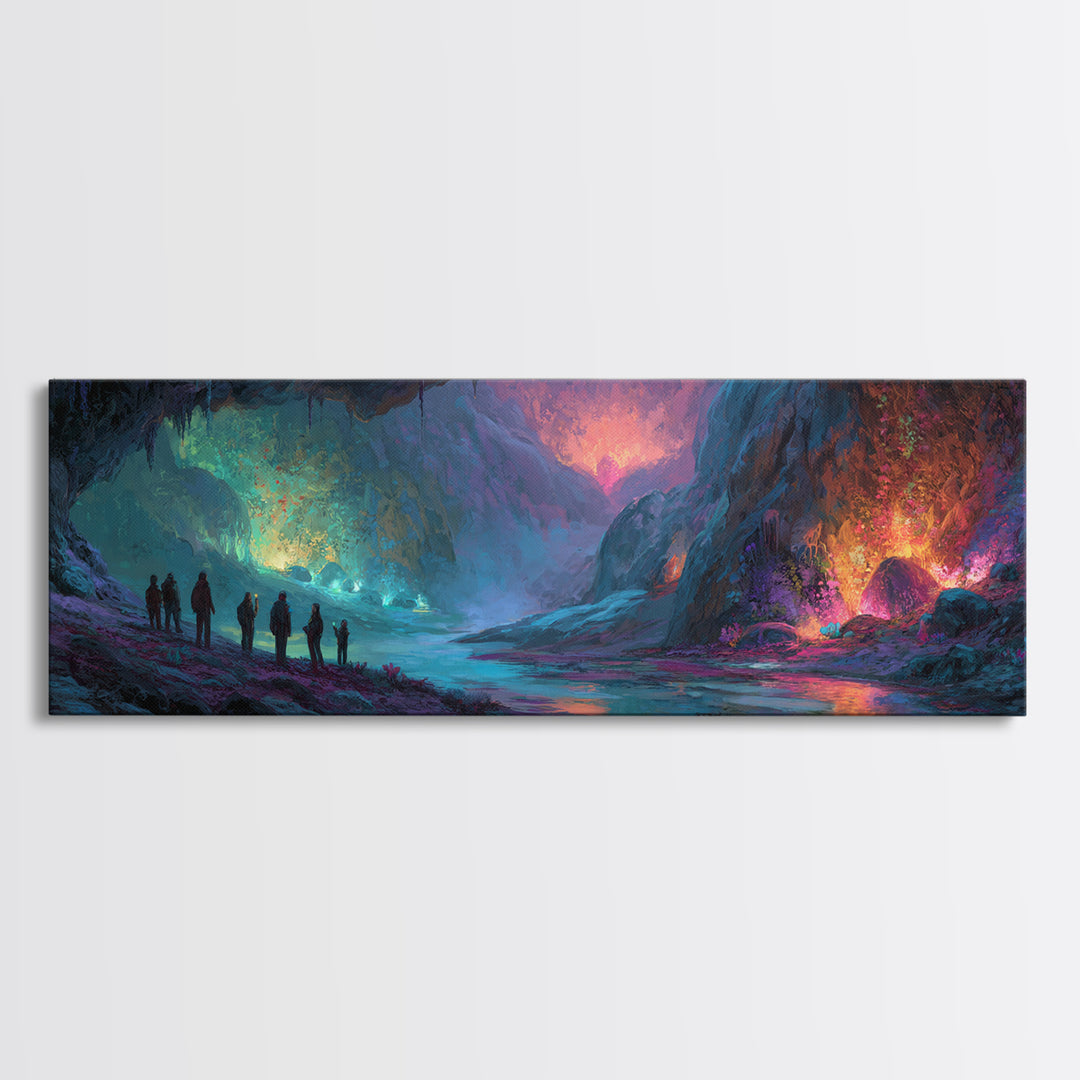 Mystical Illuminated Cave Explorers Awesome Fantasy Landscape Artwork Canvas Print Wall Art For Unique Home Decor