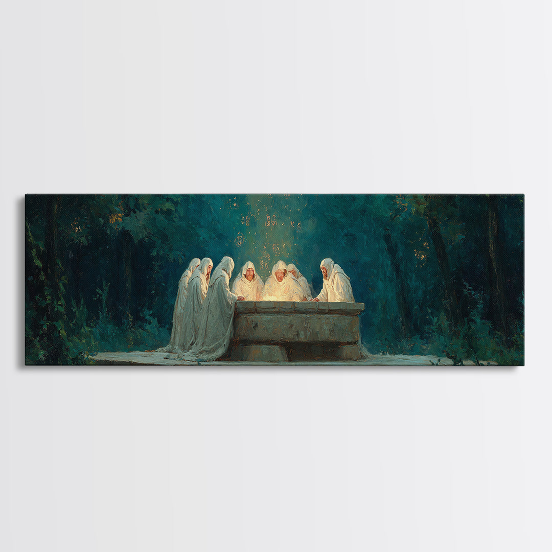 Spiritual Gathering Of Monks Around Glowing Stone Altar Framed Canvas Print