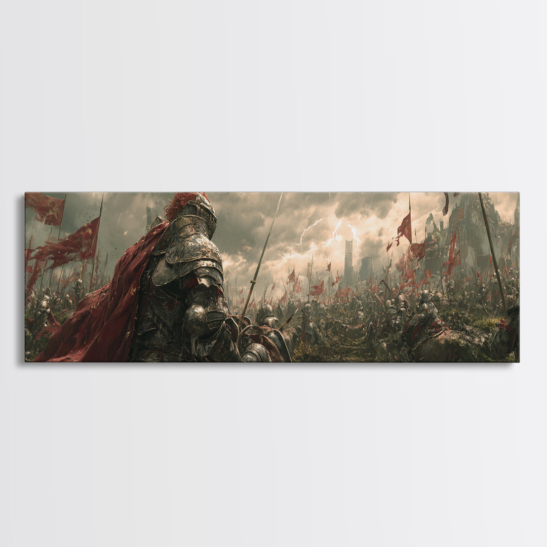 Armored Knight On Stormy Battlefield Framed Canvas Print, Medieval Fantasy Wall Art, Warrior Decor, Gift For Him, Man Cave Decor