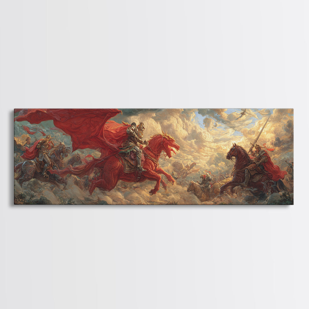 Red Cavalry Charge Across Battlefield Framed Canvas Print, Medieval Fantasy Wall Art, Warrior Decor, Statement Artwork Gift