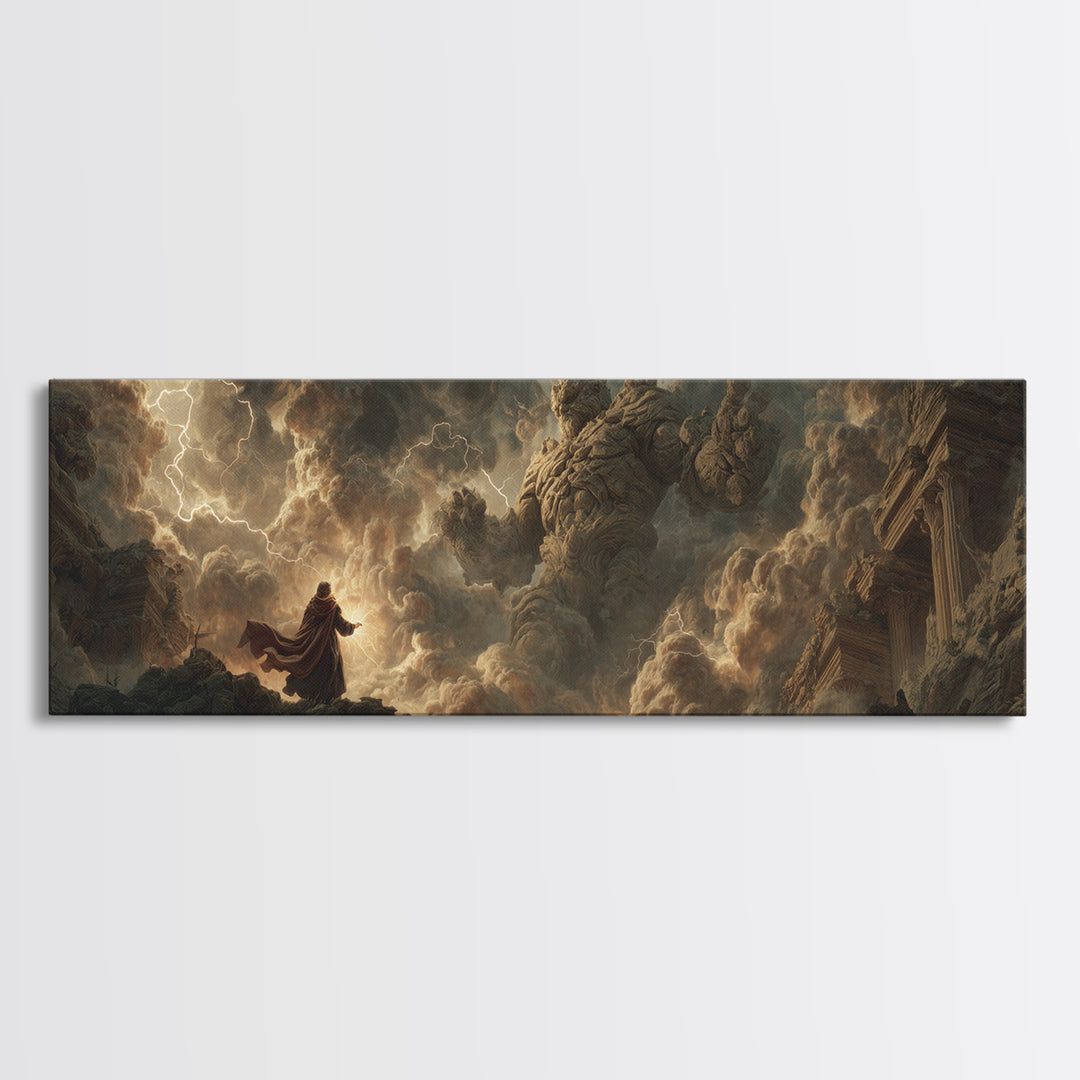 Dramatic Stormy Scene With Giant Stone Creature And Wizard Fantasy Painting Canvas Print Statement Wall Art For Fantasy Fans
