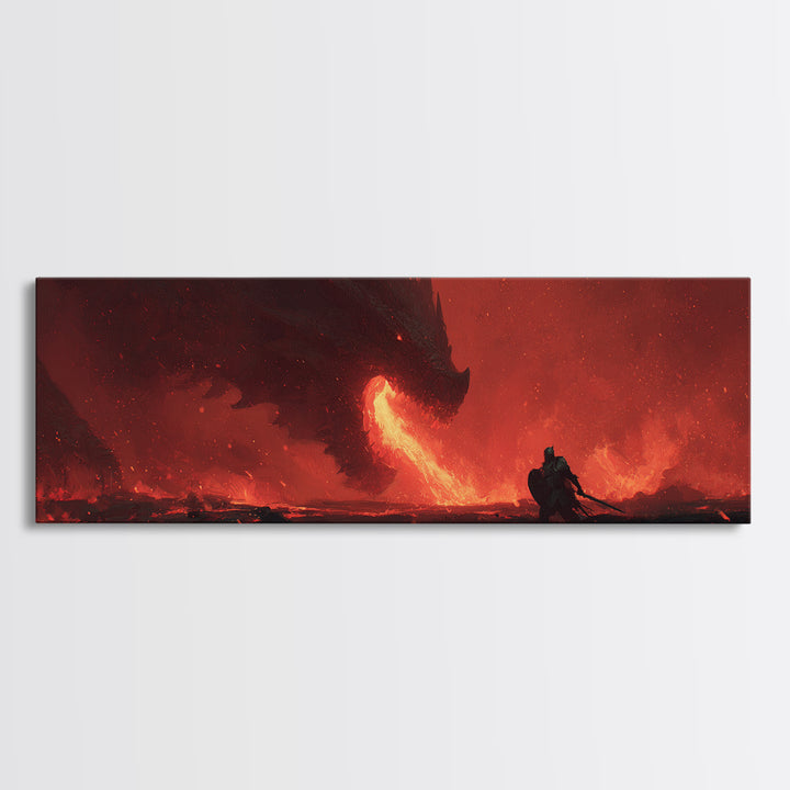 Dramatic Canvas Print Depicting Brave Knight Facing Ferocious Fire Breathing Dragon In Fiery Red Landscape Epic Fantasy Wall Art For Home And Office Decor