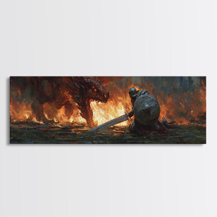 Heroic Knight Facing Fiery Dragon Fantasy Battle Scene Canvas Print Modern Wall Art For Living Room Or Game Room Decor
