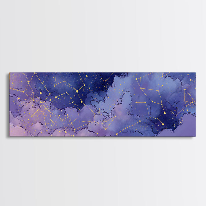 Purple Night Sky With Gold Constellations Wall Art, Celestial Wall Decor, Astronomy Art Print, Large Horizontal Canvas Print