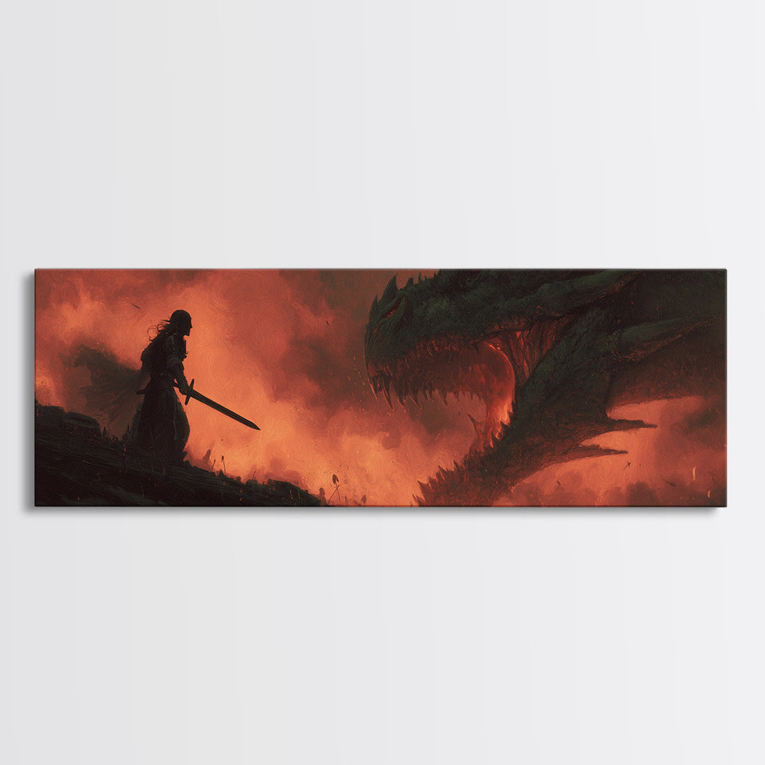 Epic Battle Between Warrior And Dragon Fantasy Painting Wall Art Print Framed Canvas Print For Living Room Home Decor