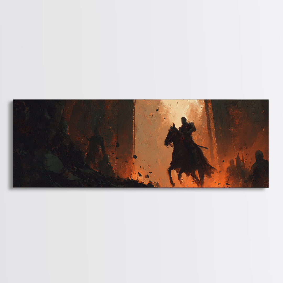 Dramatic Medieval Knight With Sword Riding Horse Through Fiery Castle Gate Abstract Wall Art
