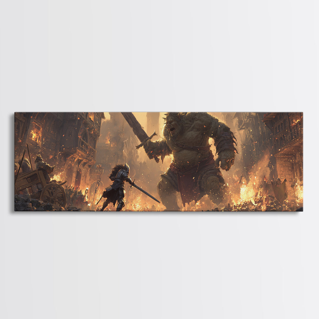 Fantasy Art Scene Of Knight Fighting Giant Ogre In Burning Medieval Town Wall Art Framed Canvas Print